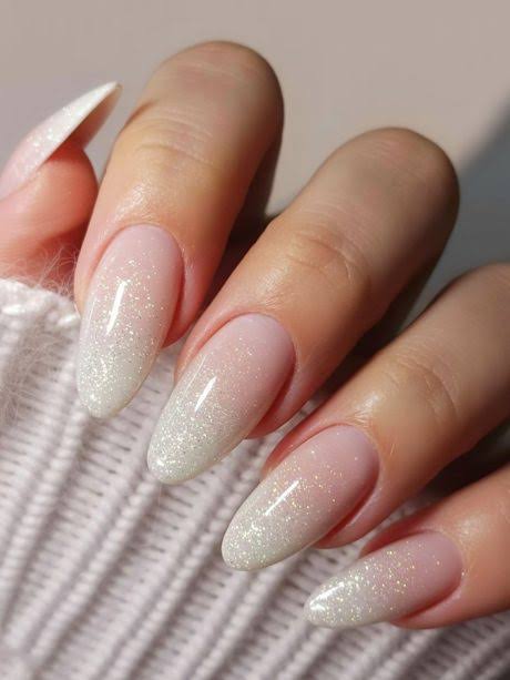 Glitter Ombre Pink to White Almond Nails Glitter Ombre Pink to White Almond Nails β New Years Nails 2027