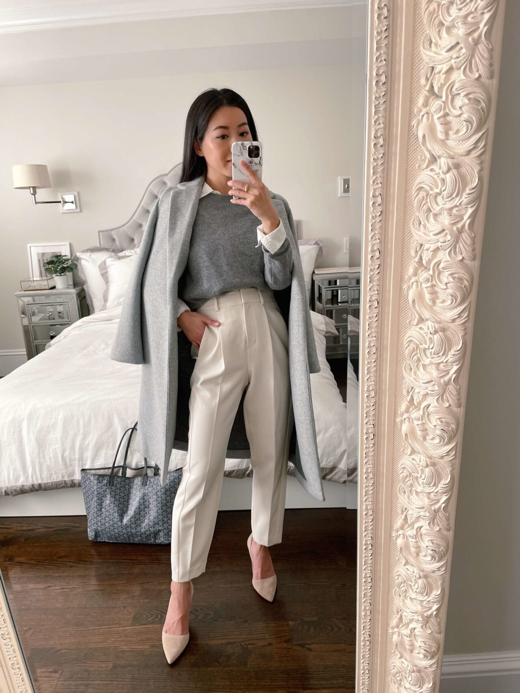 Grey Wool Coat Draped Over Sweater and Shirt with Wool Trousers — Neutral Winter Outfits