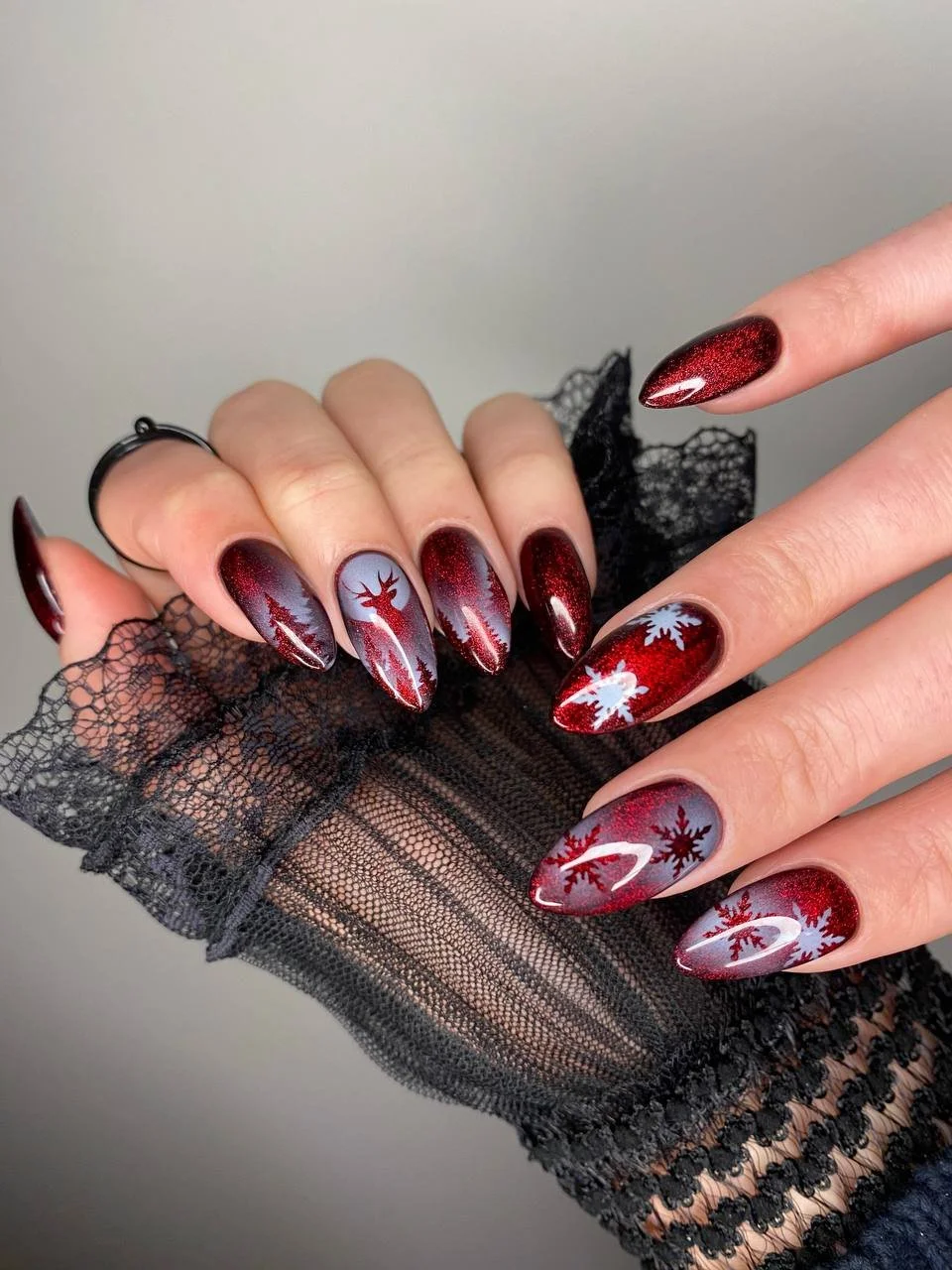 Red Black Forest Silhouette Stilettos — Winter Acrylic Nails