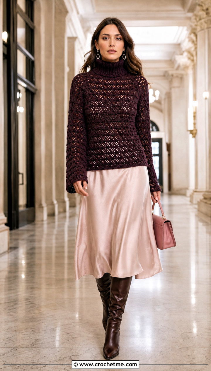 Burgundy Crochet Turtleneck Elevates a Satin Midi Skirt Burgundy Crochet Turtleneck Elevates a Satin Midi Skirt β Turtleneck Outfits