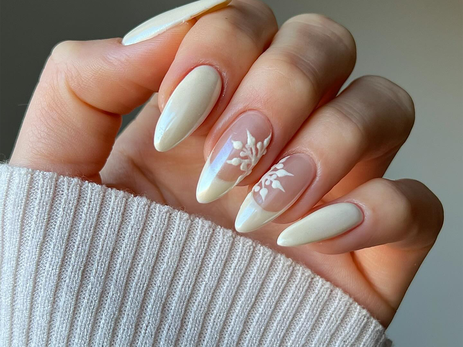 Pearlescent White French with Snowflake Decal Pearlescent White French with Snowflake Decal β Medium Christmas Nails 2026