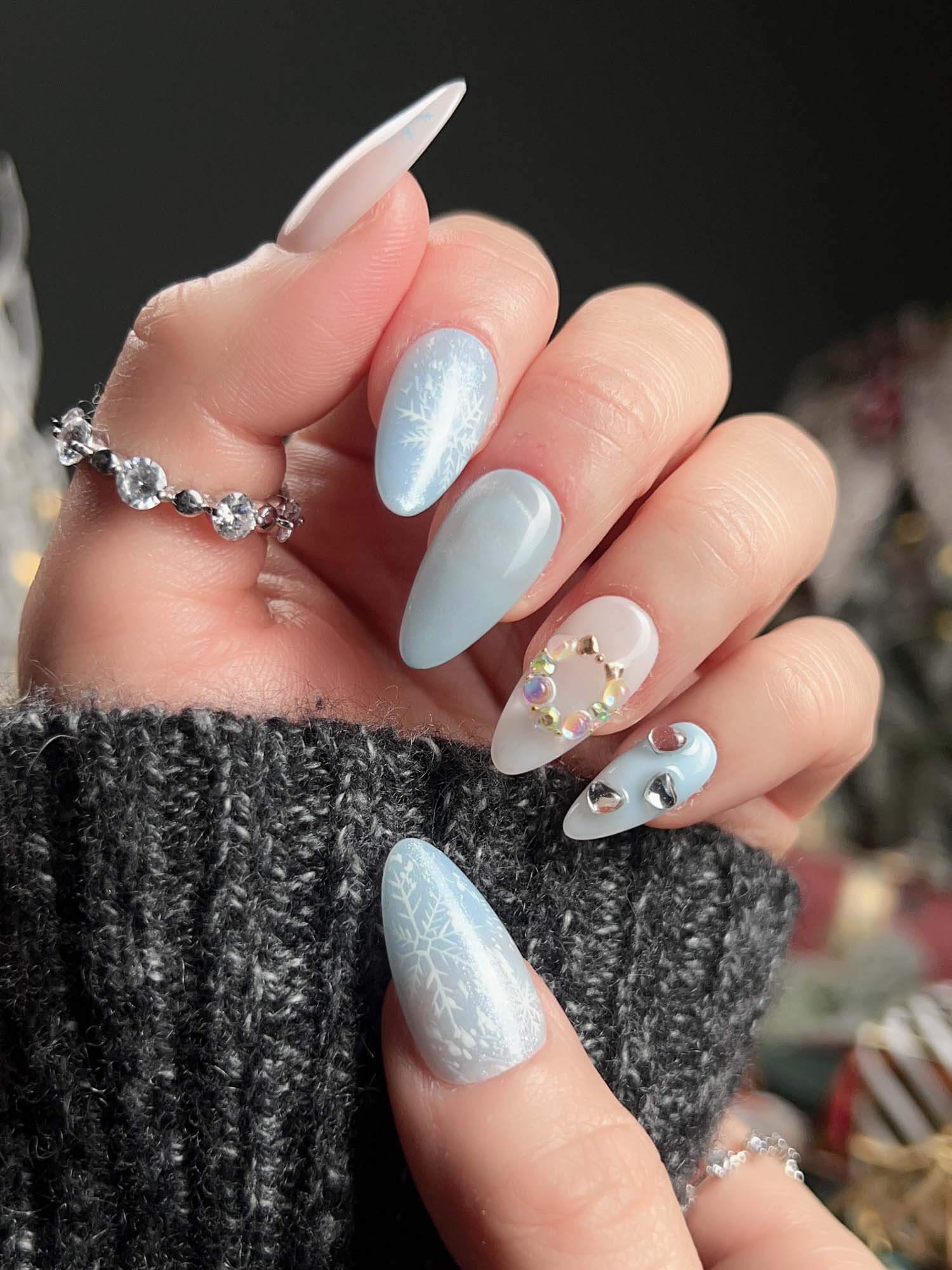 Light Blue White Iridescent Accents Visual Idea Light Blue White Iridescent Accents Visual Idea β Winter Almond Nails