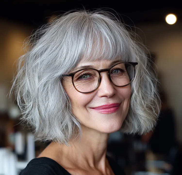 Textured Gray Bob With Full Bangs Textured Gray Bob With Full Bangs β Winter Haircuts for Gray Hair