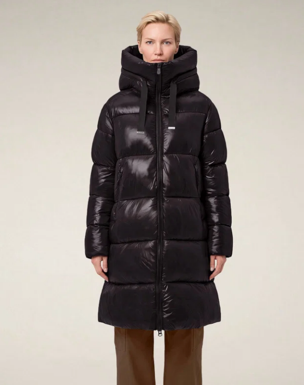 Winter Casual Shiny Oversized Black Puffer Coat With High Collar — Long Puffer Coat Outfits