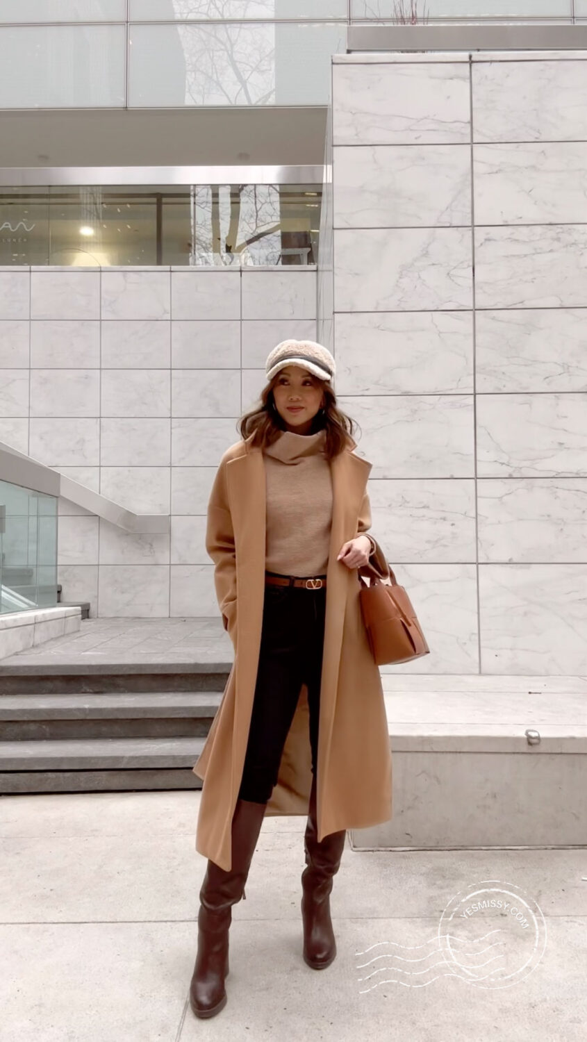 Elevated Neutrals: Camel Coat with Belted Waist and Knee-High Boots Elevated Neutrals: Camel Coat with Belted Waist and Knee-High Boots β Comfy Winter Outfits