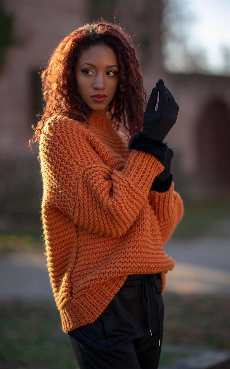 Cozy Texture Focus: Orange Knit Sweater with Fingerless Gloves — Late Winter Outfits