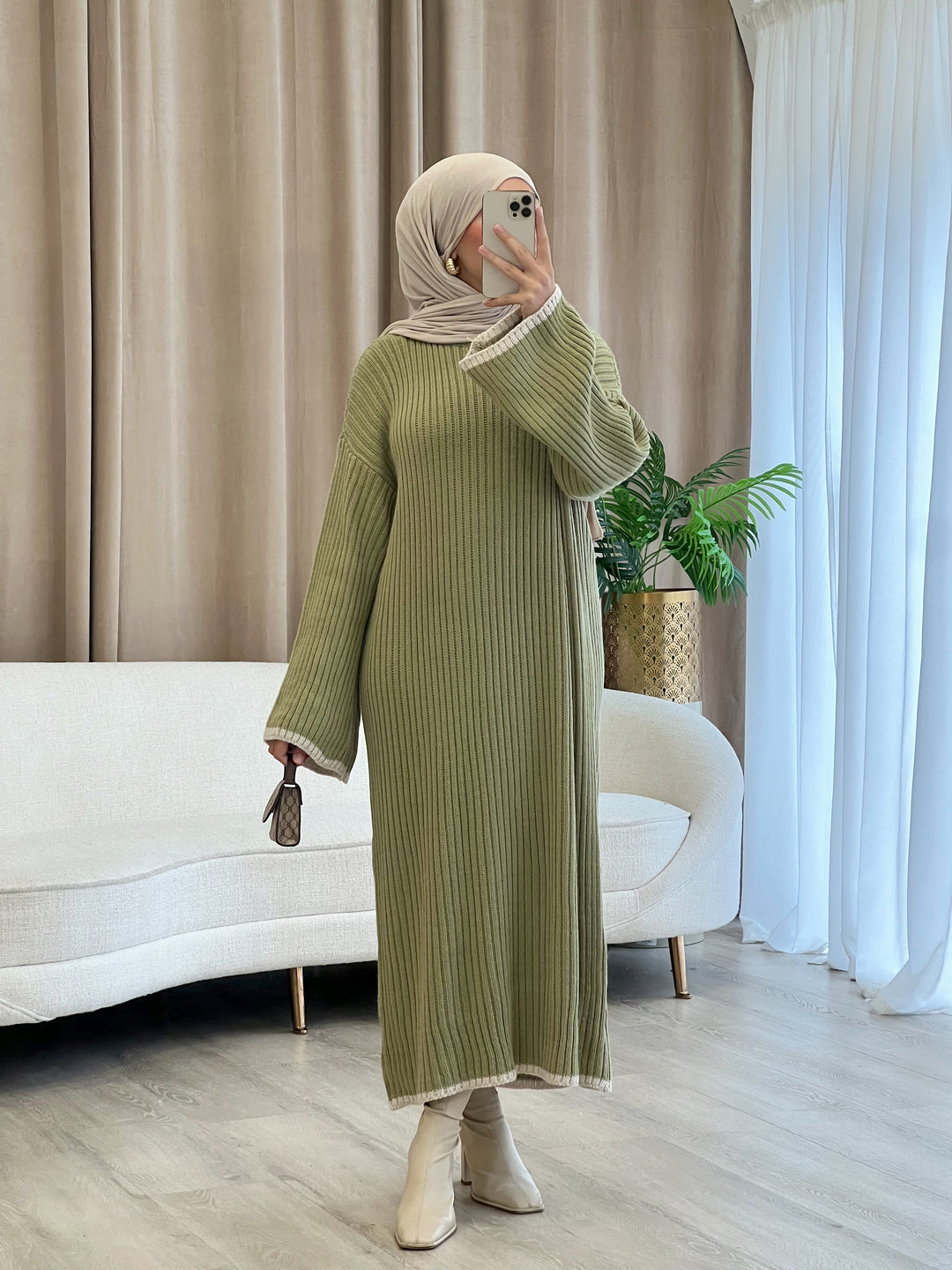 Olive Green Longline Sweater Dress with Cream Trim — Sweater Dress Outfits