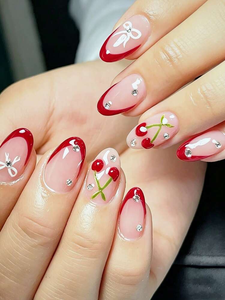 Playful Cherry and Bow French Tips — Cherry Red Nails