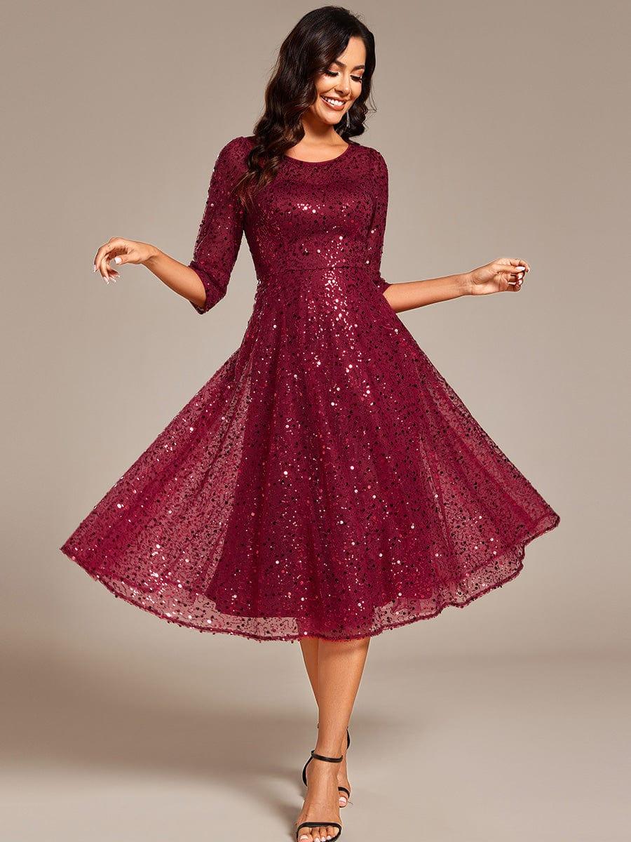 Burgundy Sequined Midi Dress with Mesh Overlay — Winter Wedding Guest Outfits