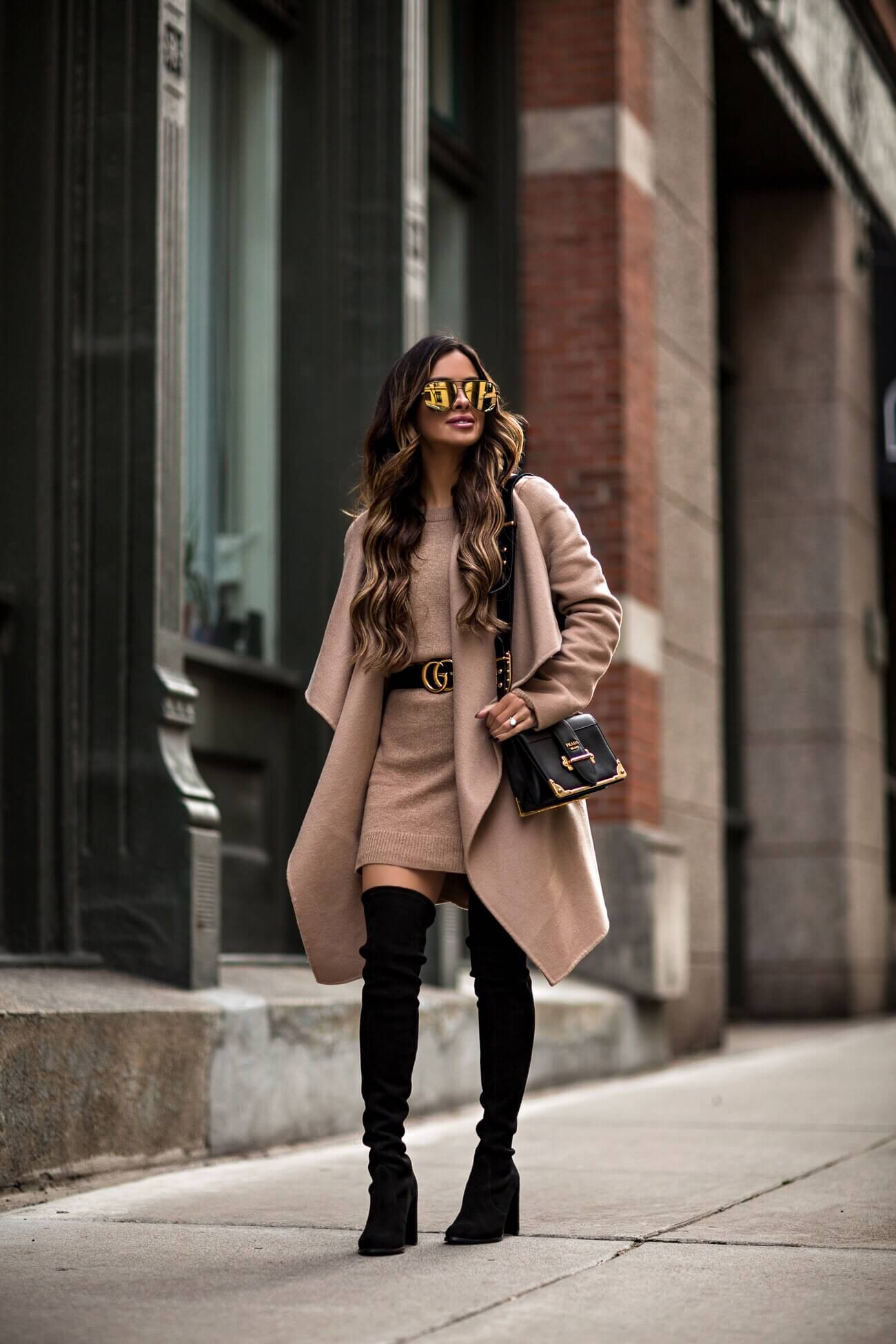 Camel Coat Draped Over Matching Knit Mini Dress — Camel Coat Outfits