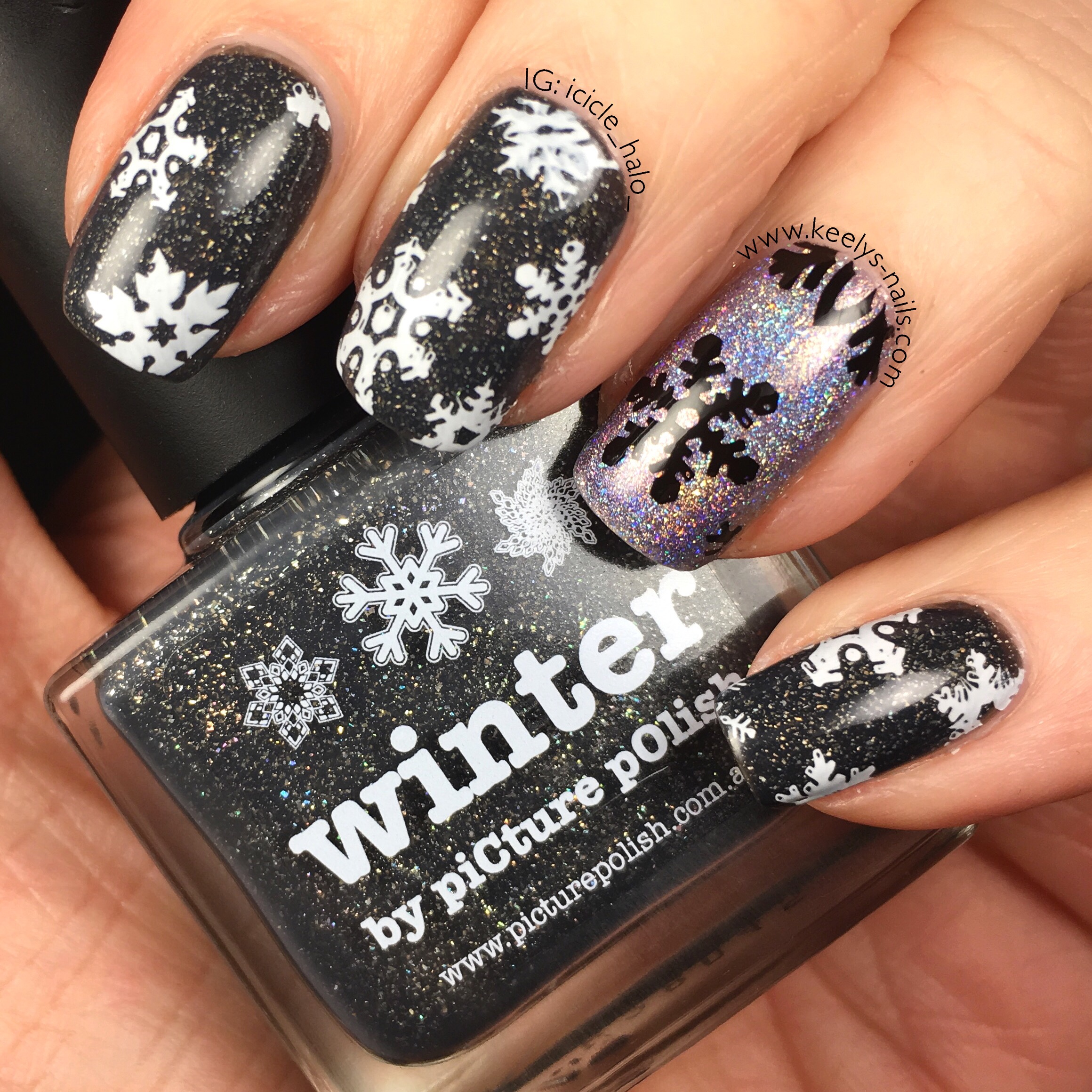 Black with White Snowflake Decals and Glitter — Winter Black Nails