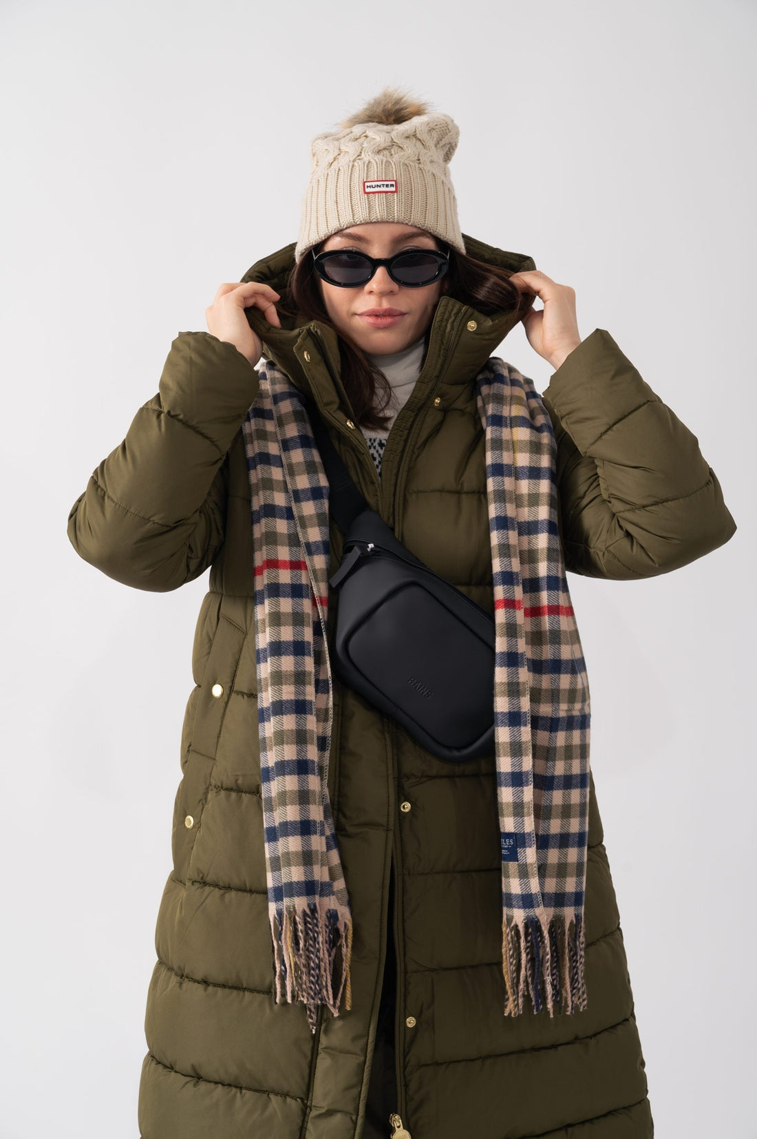 Fitted Olive Green Puffer Coat with Plaid Scarf — Winter Coats for Women