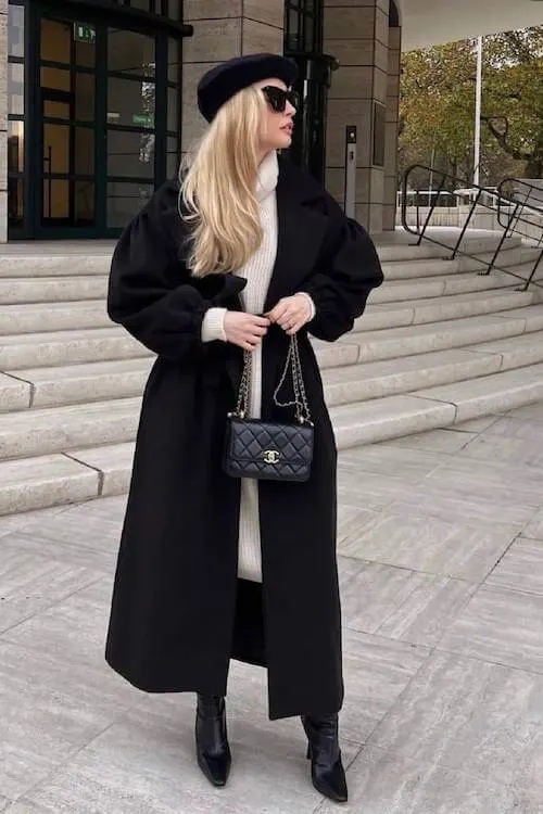 Oversized Black Coat with Voluminous Sleeves and White Turtleneck — Old Money Winter Outfits