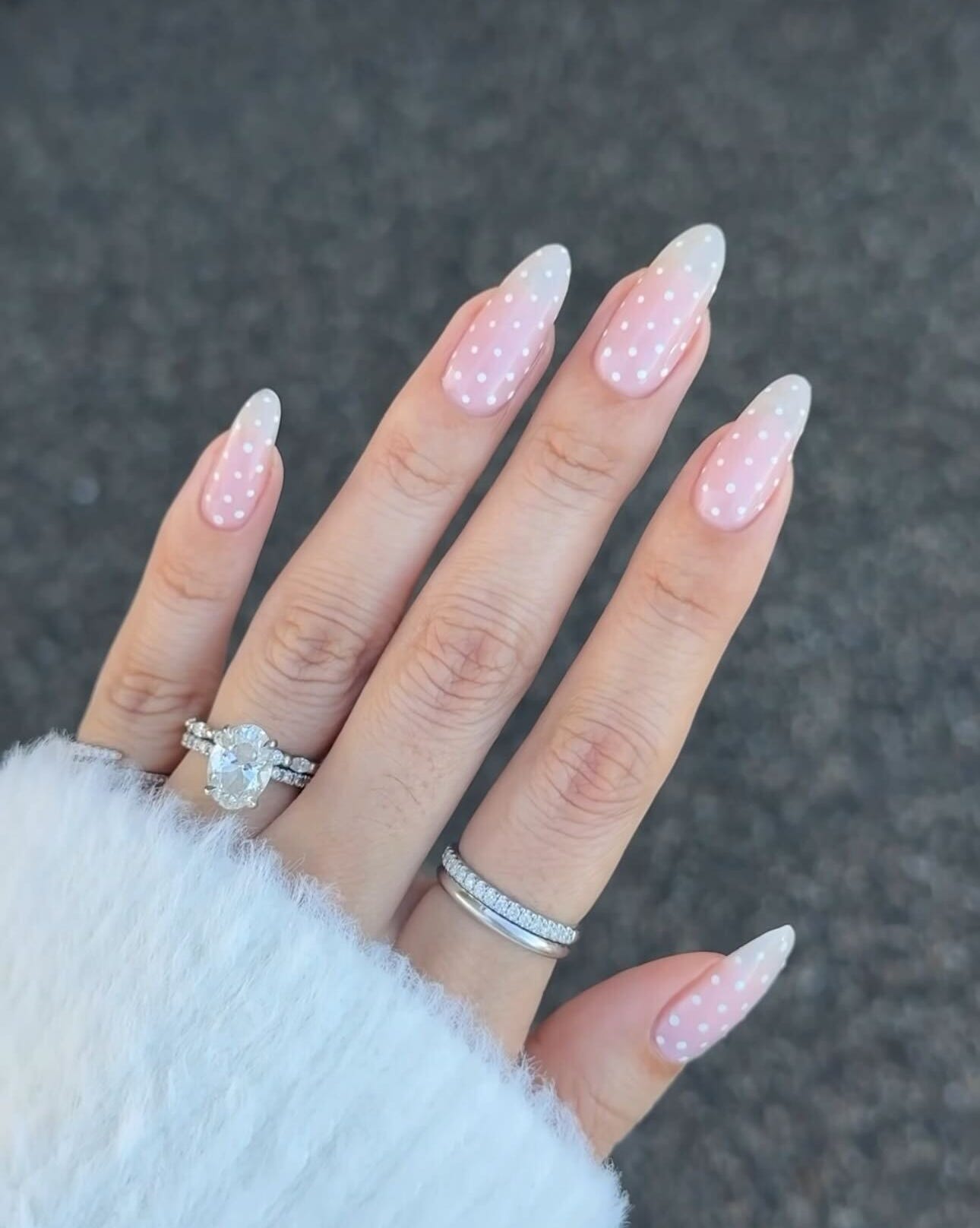 Pink to White Gradient with Polka Dots Pink to White Gradient with Polka Dots β Long Winter Almond Nails