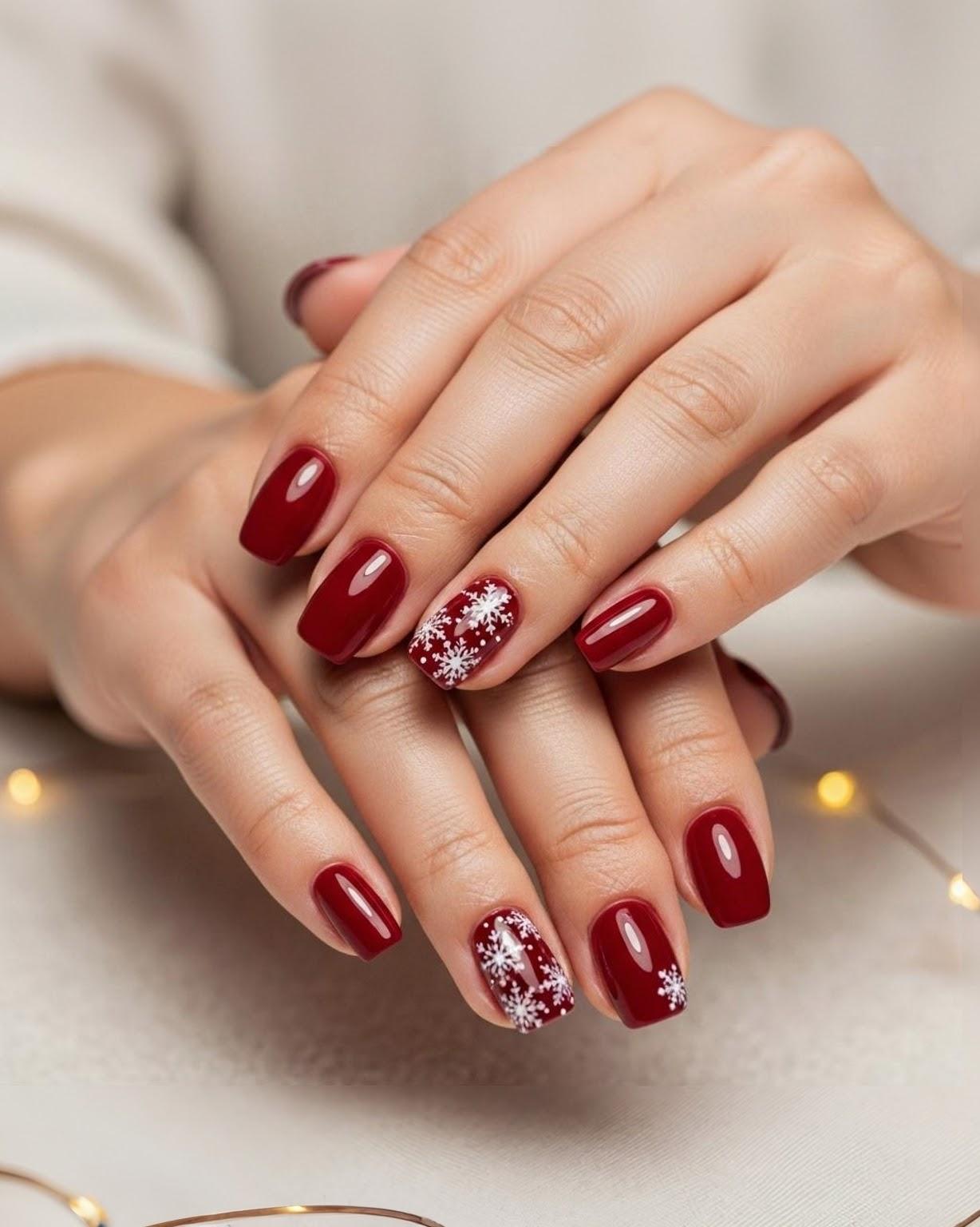 Rich Red with Delicate White Snowflake Art — Christmas Nails for Kids 2026