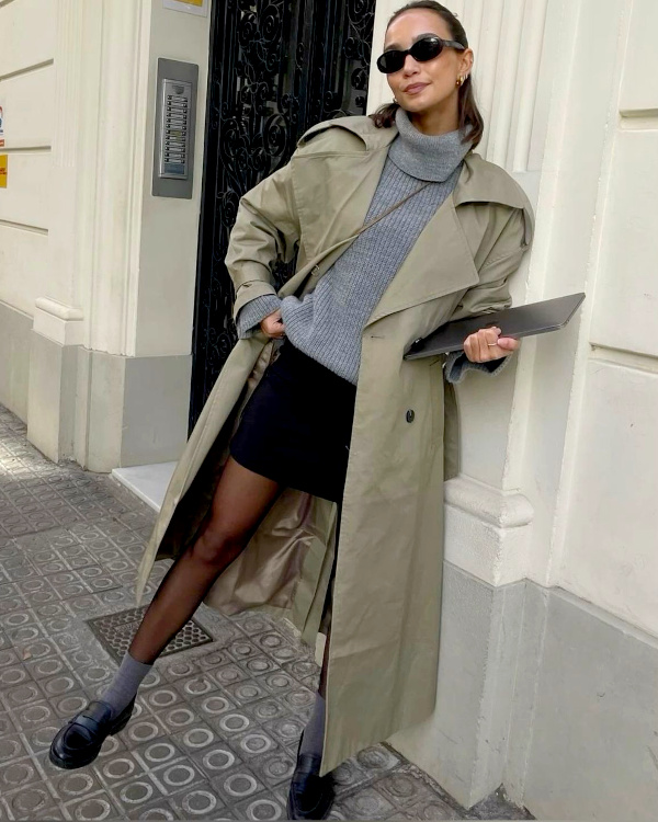 Beige Trench Coat Over Grey Turtleneck and Mini Skirt Beige Trench Coat Over Grey Turtleneck and Mini Skirt β Winter to Spring Transition Outfits