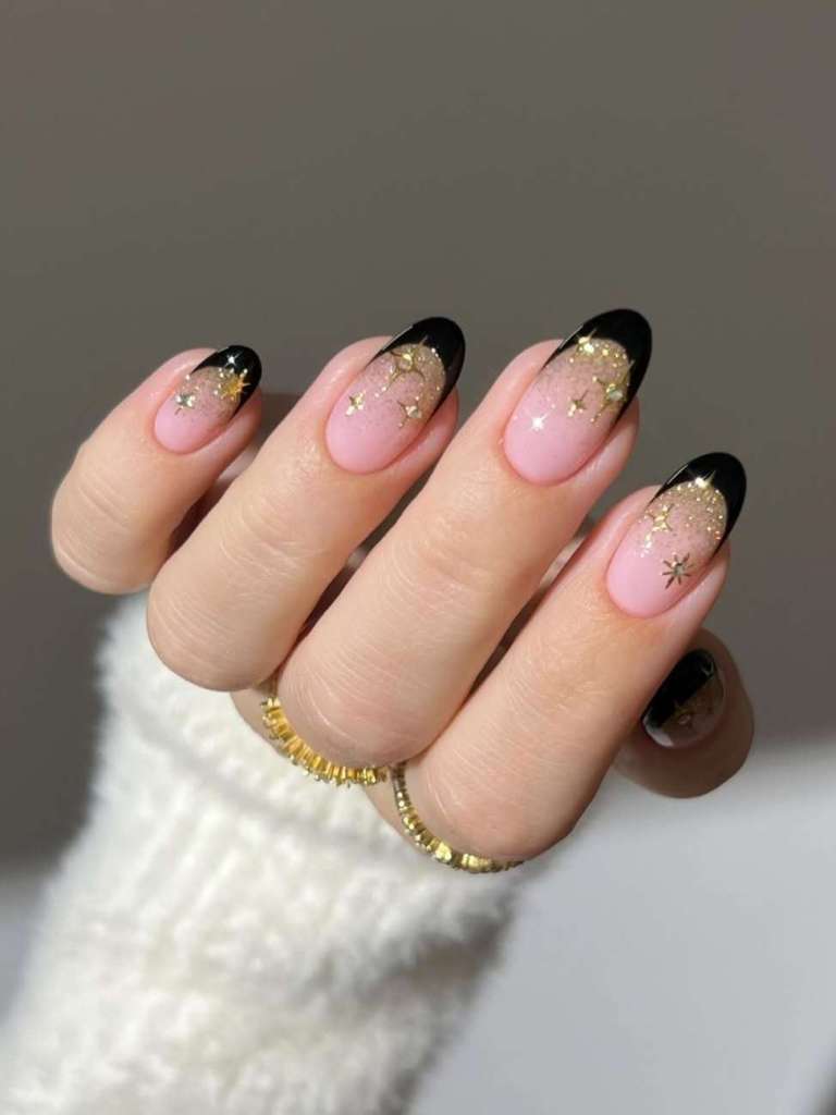 Pink Base Black French with Gold Glitter Pink Base Black French with Gold Glitter β Sparkly New Years Nails 2027