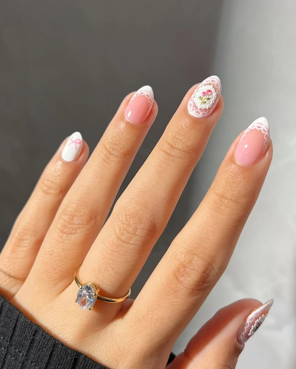 Almond French with Lace Trim and White Bow Almond French with Lace Trim and White Bow β Coquette Winter Nails