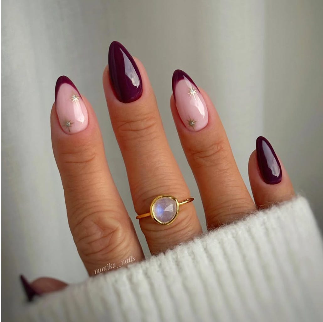 Burgundy French Tip Almond Nails — Medium Length Winter Nails