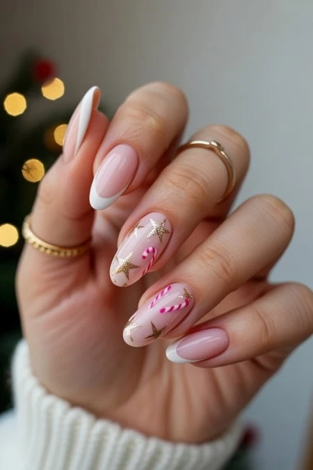 Sheer Pink Gold Star French Tips — Christmas Nail Designs 2026