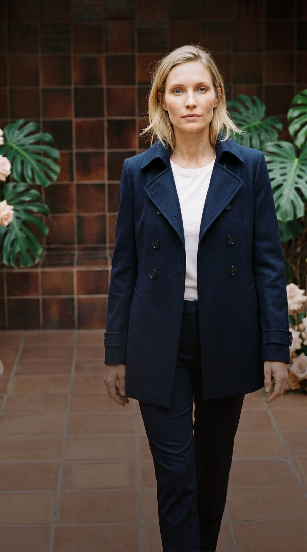 Classic Navy Peacoat with White Tee and Trousers Classic Navy Peacoat with White Tee and Trousers β Peacoat Outfits