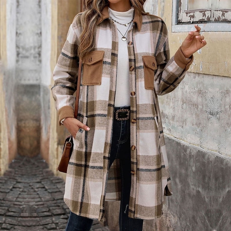 Longline Plaid Fleece Jacket with Turtleneck — Fleece Jacket Outfits