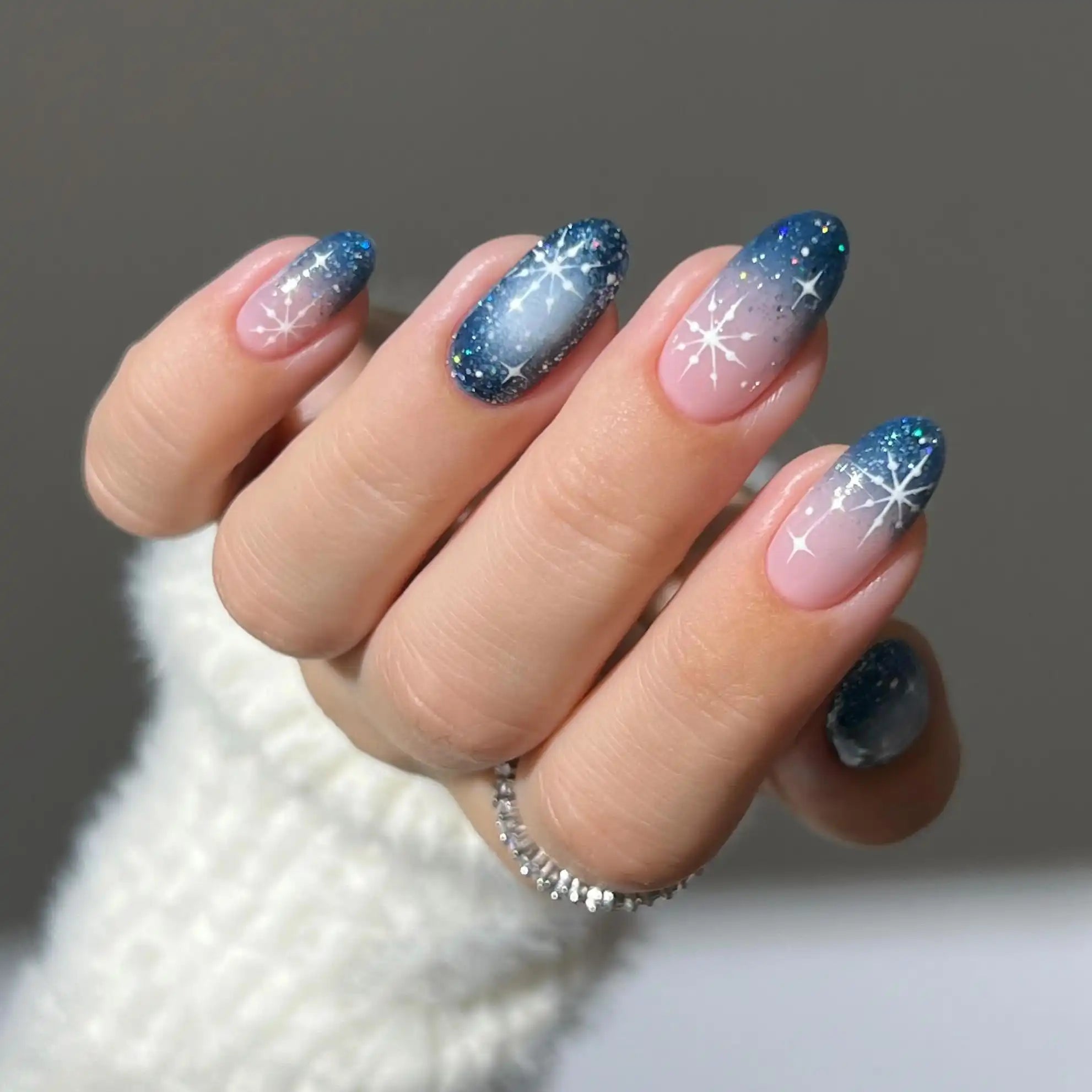 Blue to Pink Glitter Ombre with Snowflakes — Winter Glitter Nails