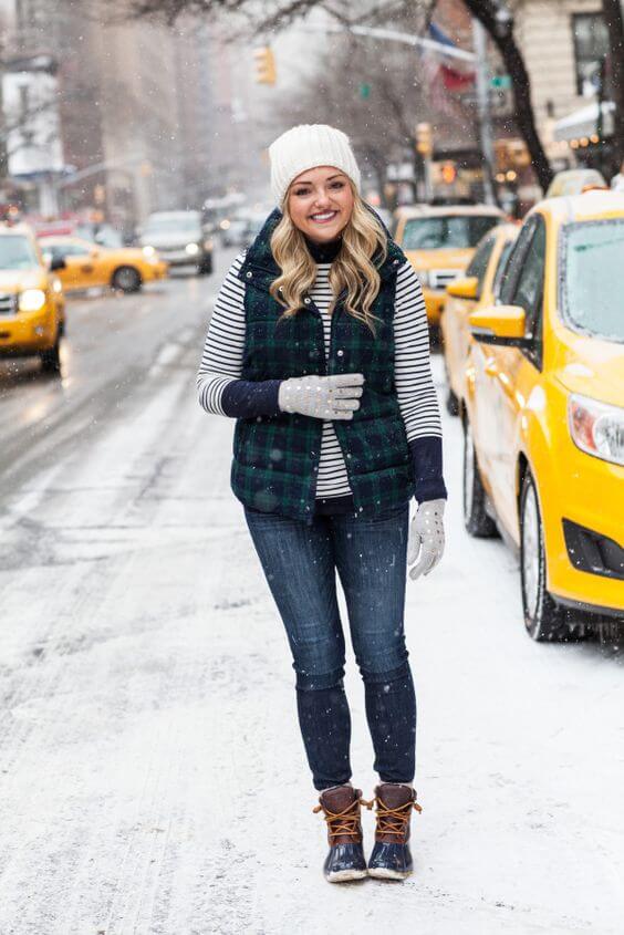 Green Plaid Puffer Vest with Striped Top and Duck Boots — Cute Winter Outfits