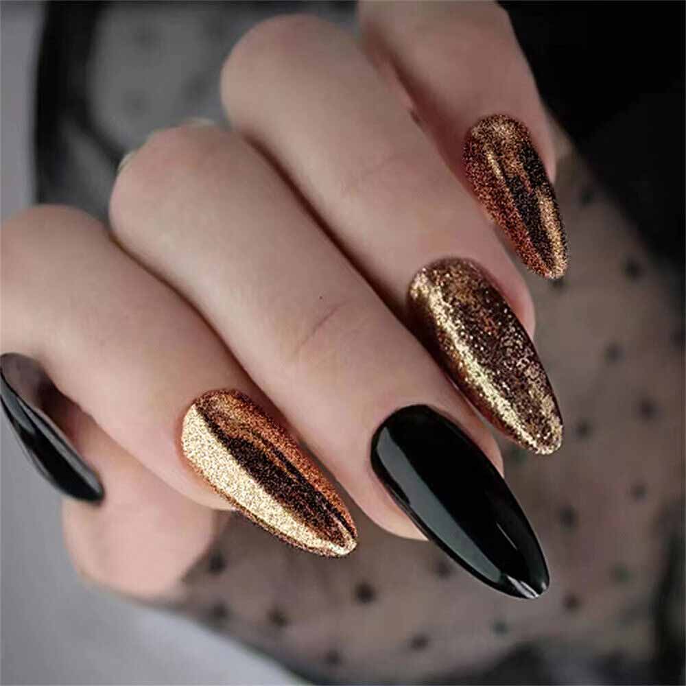 Chrome Black and Gold Glitter Coffin Nails Chrome Black and Gold Glitter Coffin Nails β New Years Nail Colors 2027