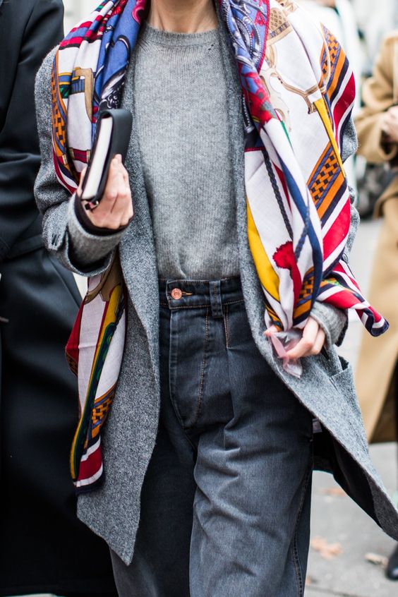 Monochromatic Base with a Vibrant Scarf — Scarf Outfits