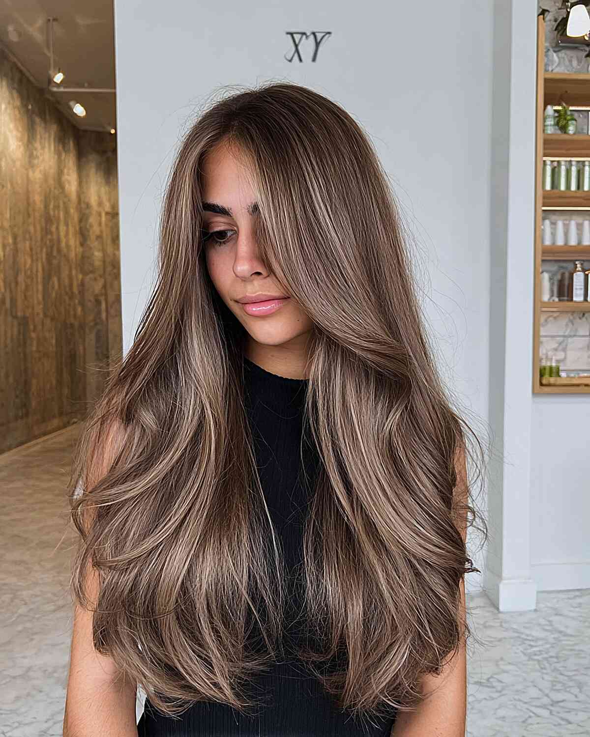 Long Layered Waves With Ash Blonde Balayage Long Layered Waves With Ash Blonde Balayage β Mushroom Brown Hair