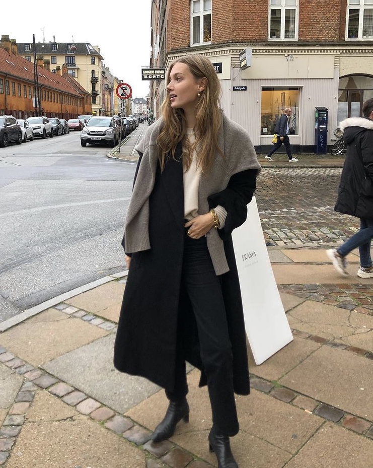 Classic Black Coat with Grey Cardigan for Scandinavian Style Classic Black Coat with Grey Cardigan for Scandinavian Style β Scandinavian Winter Outfits