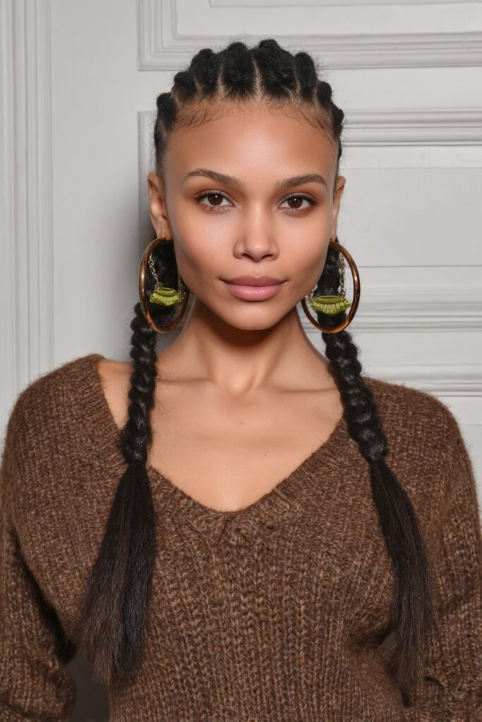 Sleek Side-Parted Double Braids — Winter Hairstyles for Long Hair