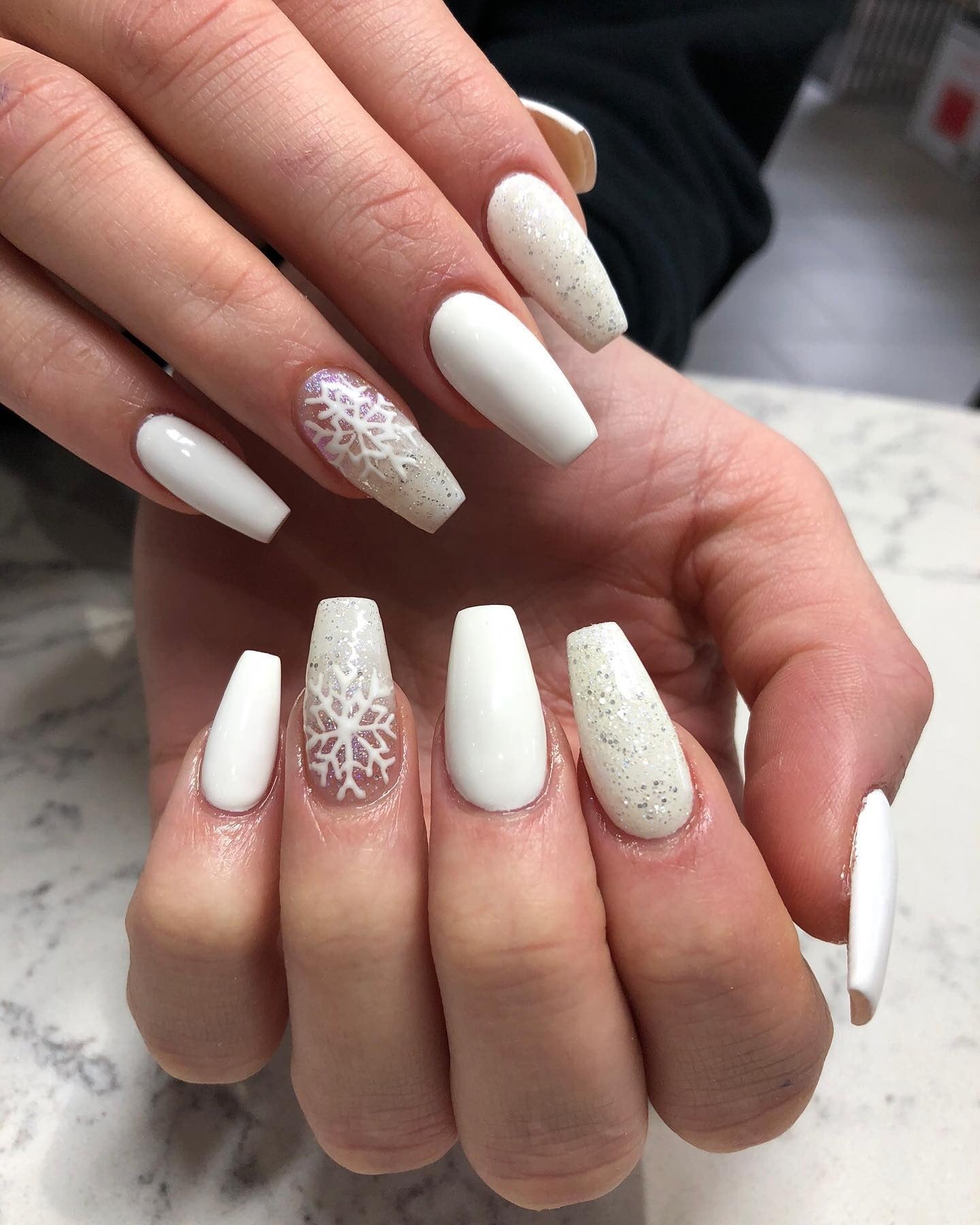 Opaque White Snowflake Glitter Coffin Nails Opaque White Snowflake Glitter Coffin Nails β Long Winter Coffin Nails