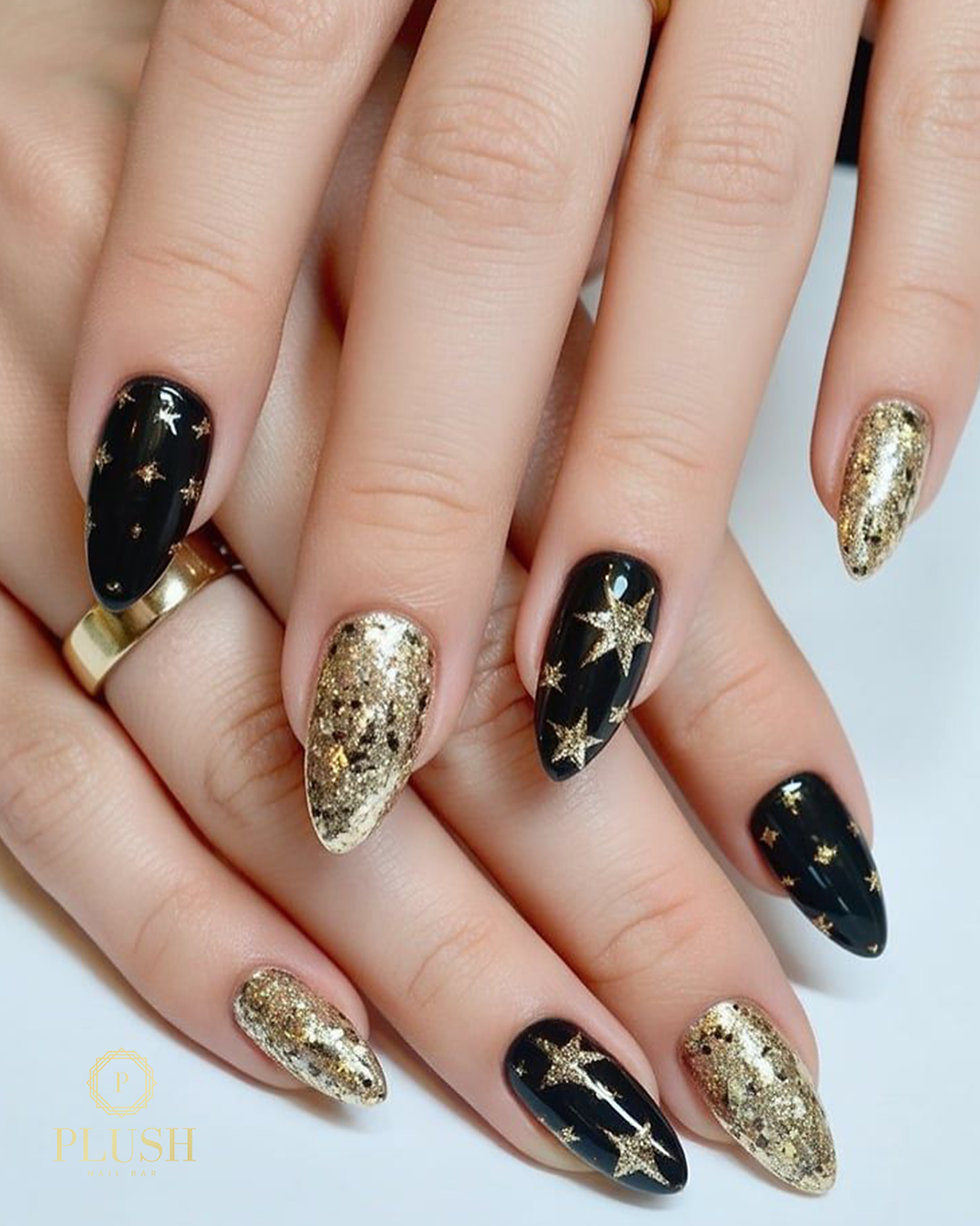 Black and Gold Star Glitter Almond Nails Black and Gold Star Glitter Almond Nails β New Years Eve Nails 2027