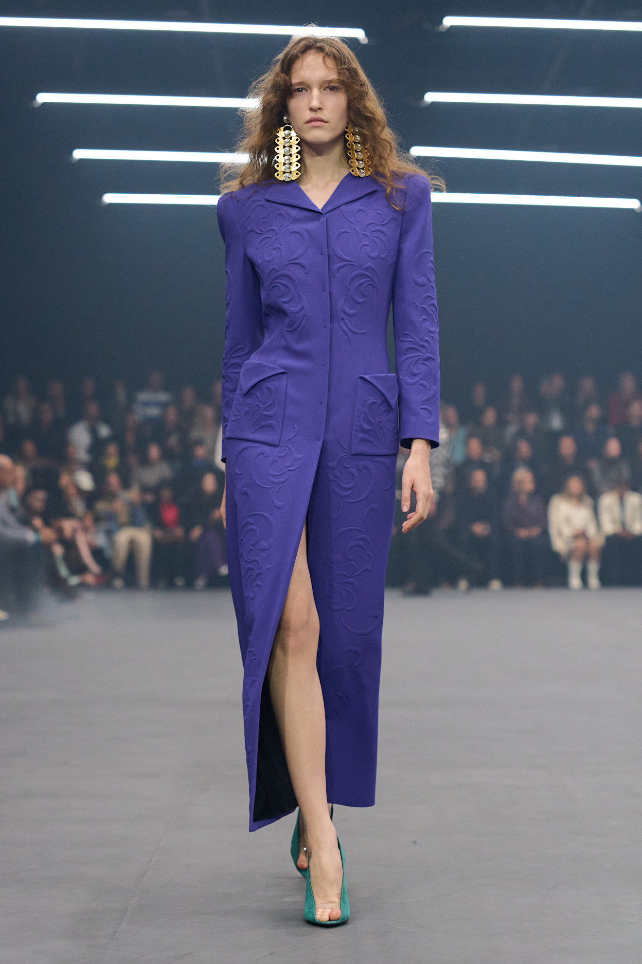 Embroidered Dress with Structured Shoulders and High Slit Embroidered Dress with Structured Shoulders and High Slit β Royal Purple Outfits