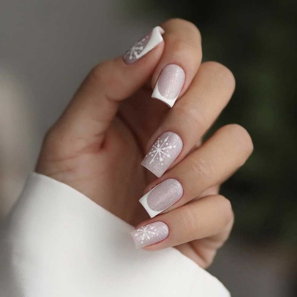 Medium Almond Snowflake French Nails — Everyday Winter Nails