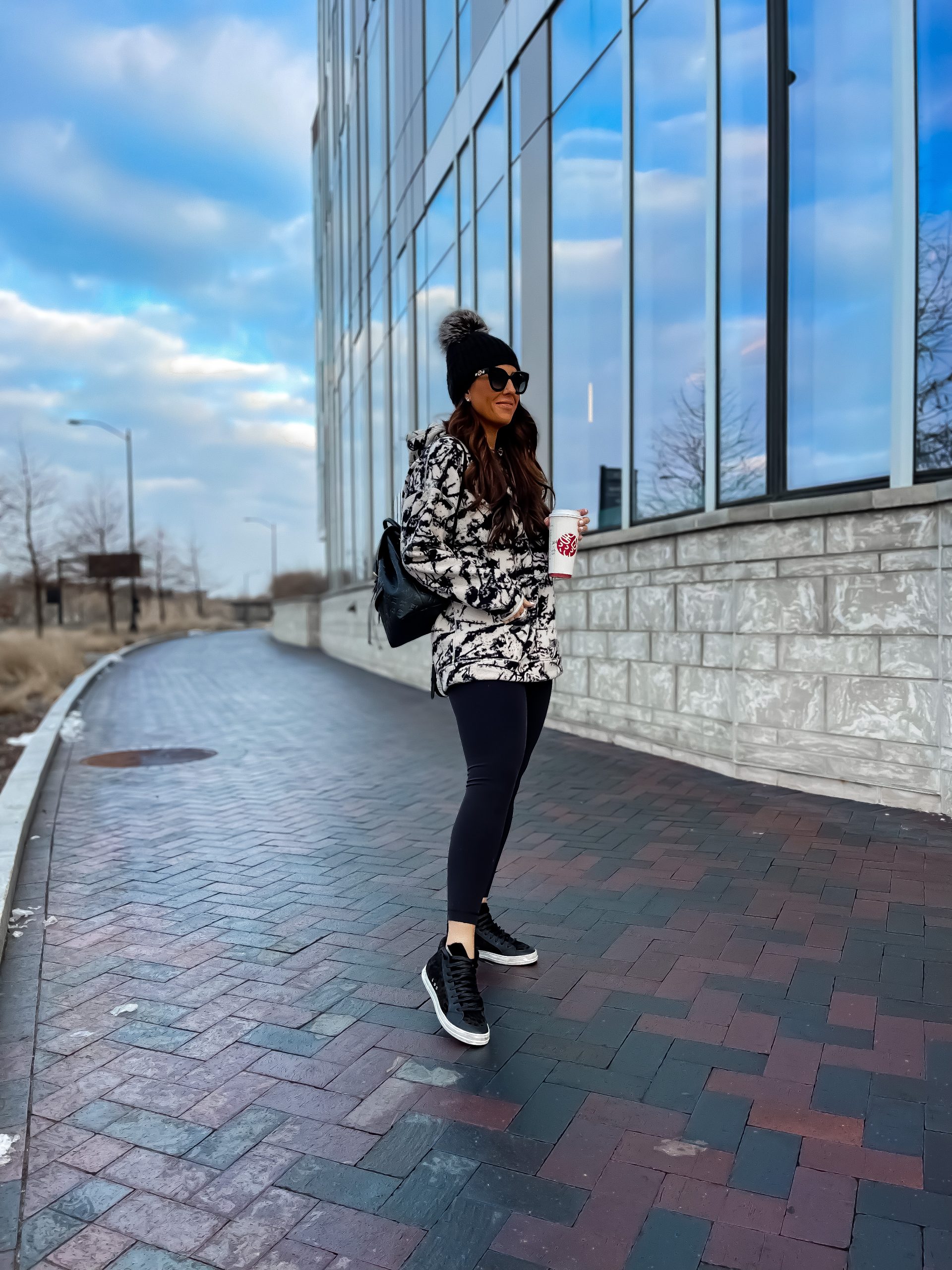 Patterned Puffer Jacket with Beanie and Backpack Patterned Puffer Jacket with Beanie and Backpack β Winter Athleisure Outfits