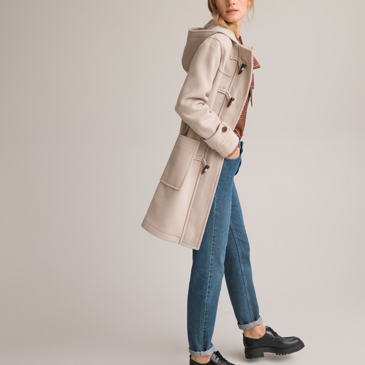 Beige Duffle Coat with Toggle Closures and Loafers — Wool Coat Outfits