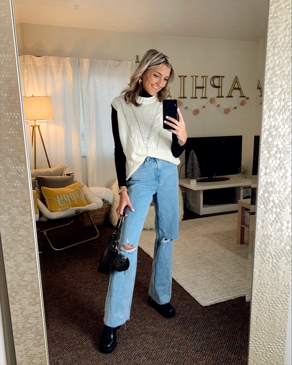 Cable-Knit Vest with Ripped Wide-Leg Jeans — Winter Going Out Outfits