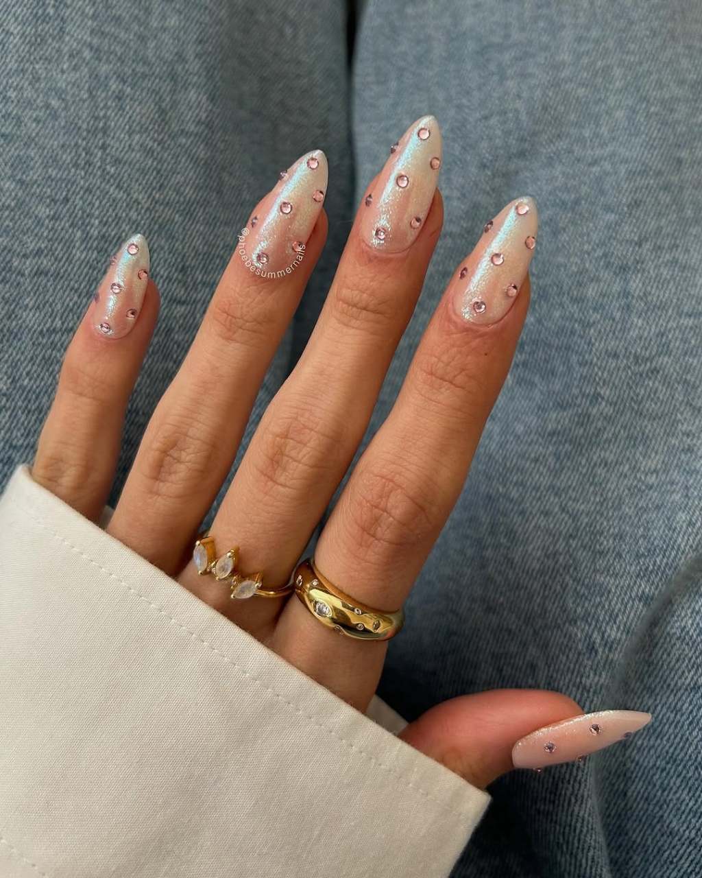 Iridescent Almond with Scattered Pink Rhinestones Iridescent Almond with Scattered Pink Rhinestones β New Years Acrylic Nails 2027