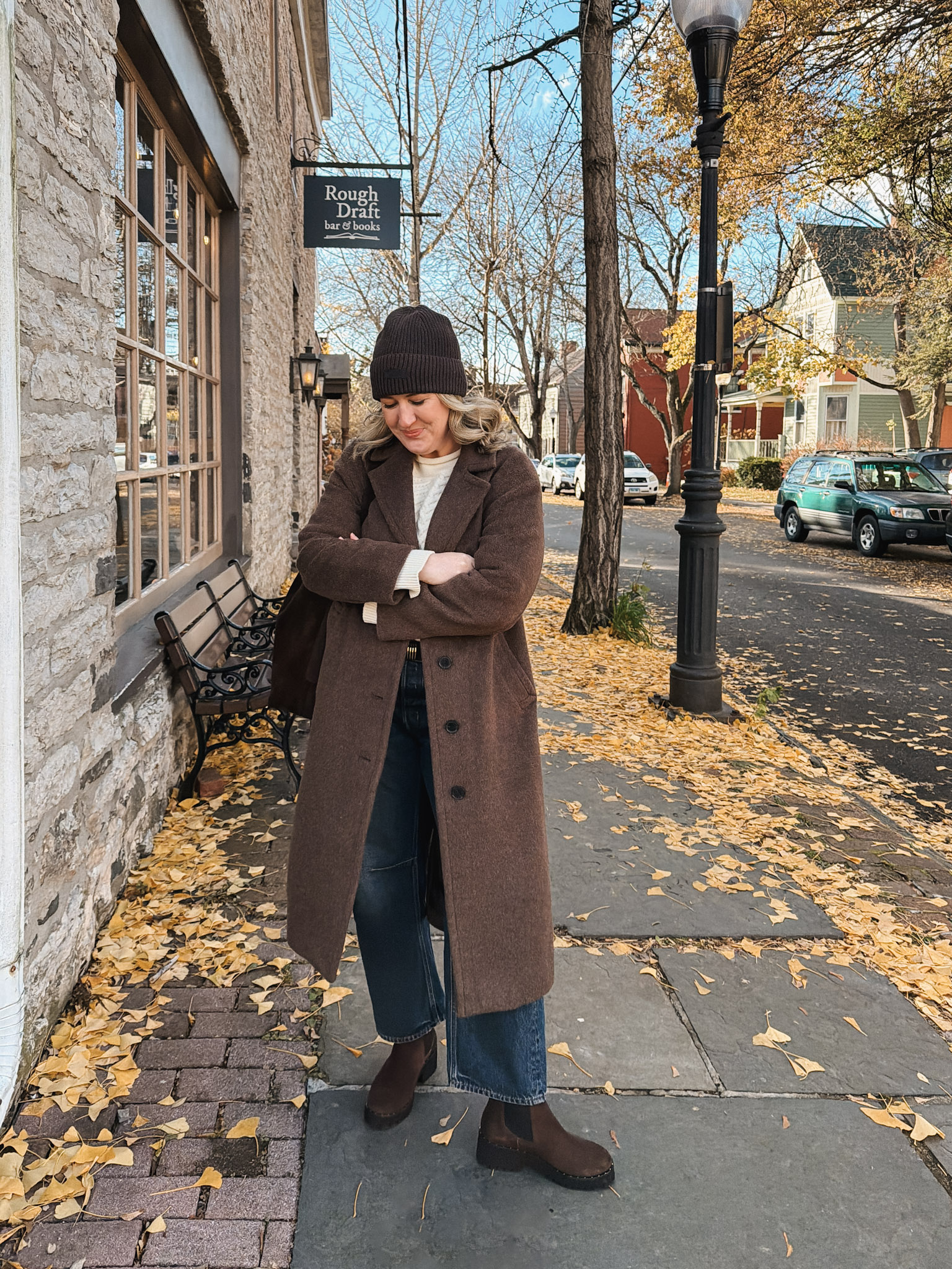 Long Brown Wool Coat with Knit Sweater and Beanie Long Brown Wool Coat with Knit Sweater and Beanie β Preppy Winter Outfits