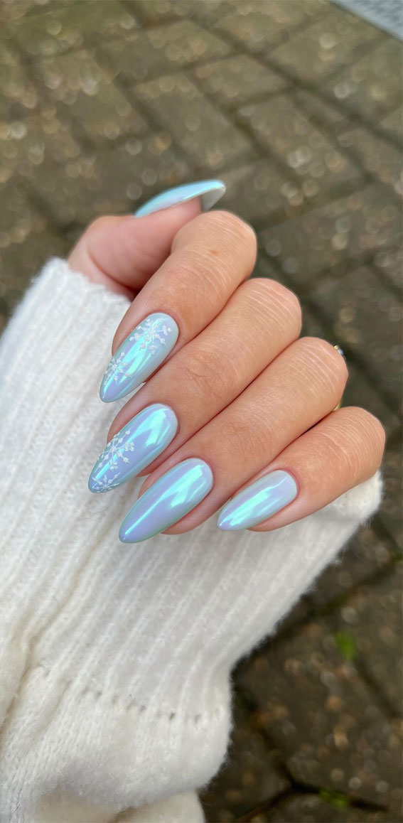 Pale Blue Chrome Nails with Snowflakes Pale Blue Chrome Nails with Snowflakes β Icy Blue Nails