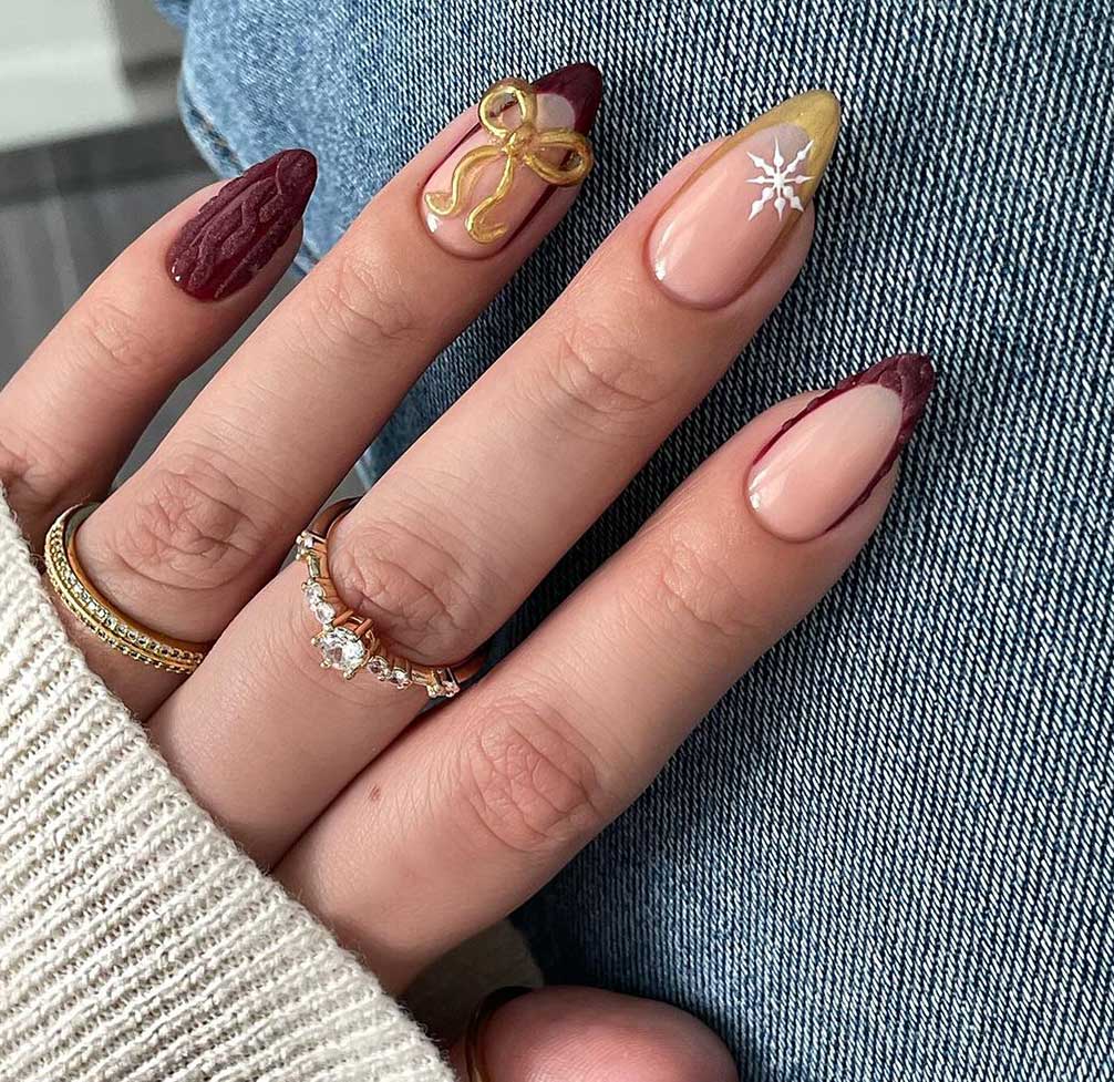 Nude Stilettos with Dark Red Glitter Outline Nude Stilettos with Dark Red Glitter Outline β Christmas Nail Colors 2026
