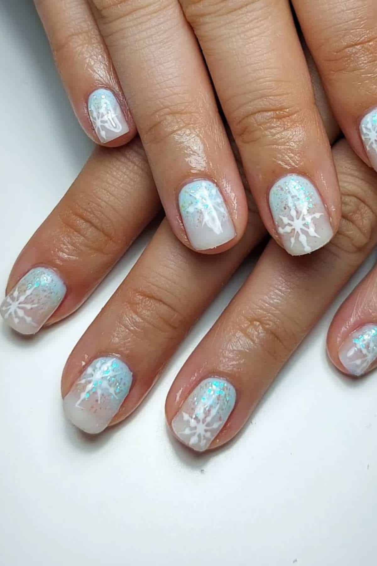 Translucent White Snowflake Decals with Glitter — Winter Nail Colors for Short Nails