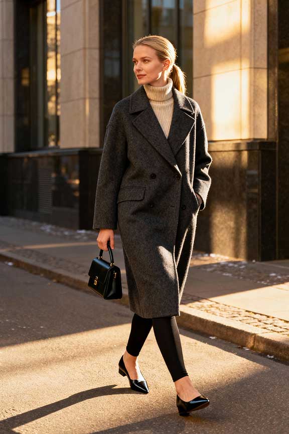 Workwear Elegance: Black Leggings with a Long Double-Breasted Coat Workwear Elegance: Black Leggings with a Long Double-Breasted Coat β Winter Outfits with Leggings