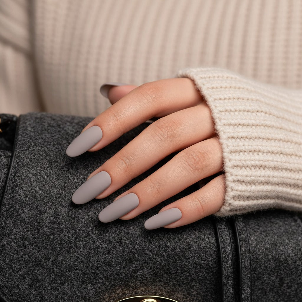 Chic Matte Neutral Grey Stilettos Chic Matte Neutral Grey Stilettos β Long Winter Nails