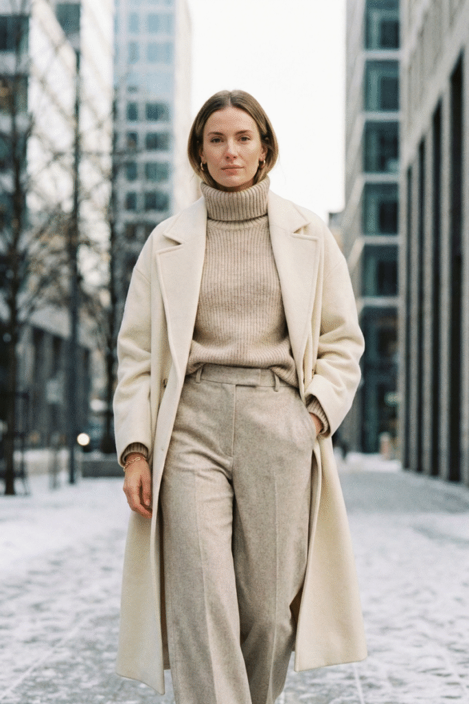 Cream Wool Coat with Beige Turtleneck and Straight-Leg Trousers — Neutral Winter Outfits