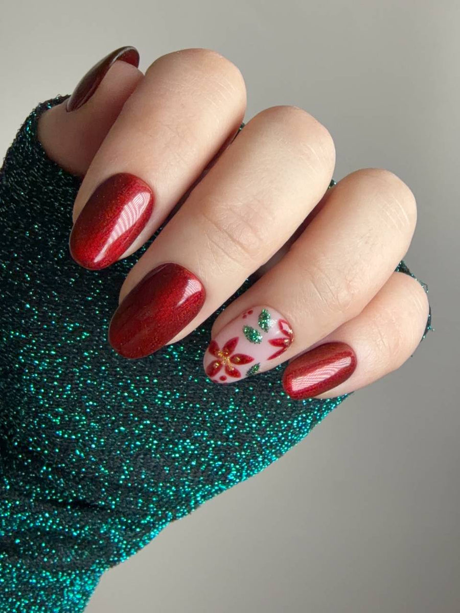 Shimmering Red with Poinsettia Floral Accent Nail — Red Christmas Nails 2026
