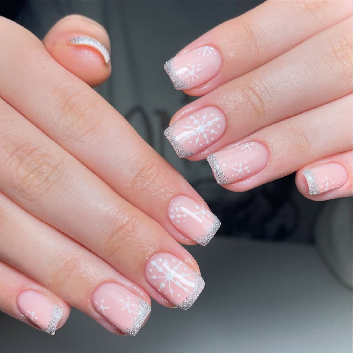Pale Pink Snowflake Glitter Tip — Short Christmas Nails 2026